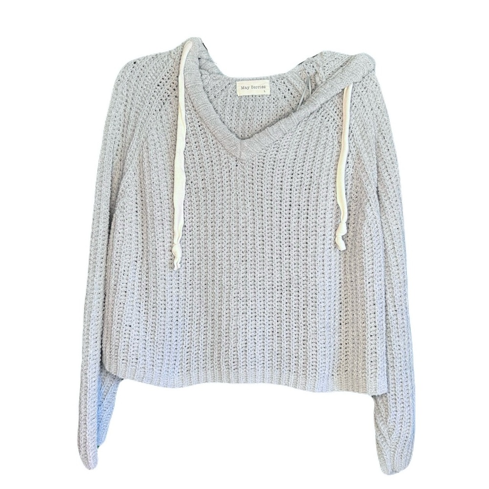 May Berries Juniors Large Cropped Baby Blue Knit Pullover Hooded Sweater